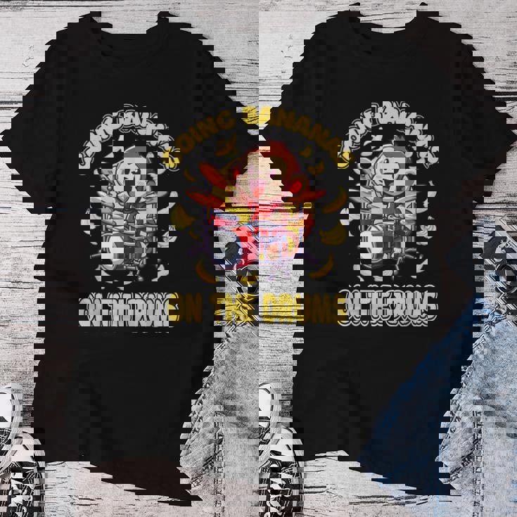 Going Bananas On The Drums 面白いドラム演奏 猿 レディースTシャツ 面白い贈り物