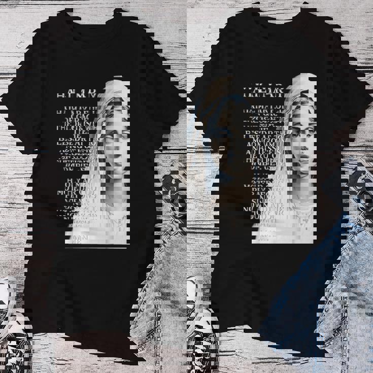 Hail Mary Blessed Mother ロザリオの祈り レディースTシャツ 面白い贈り物