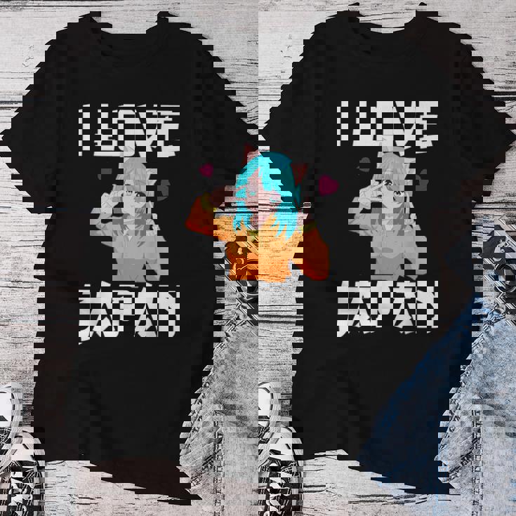 I Love Japan Kawaii Anime Girl Neko Cat Girl Otaku Weeb レディースTシャツ 面白い贈り物