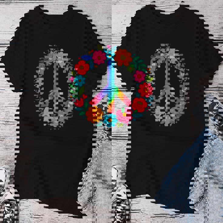 Peace Love Flower Power レトロ ヒッピー コスチューム タイダイ 60年代 70年代 レディースTシャツ 面白い贈り物