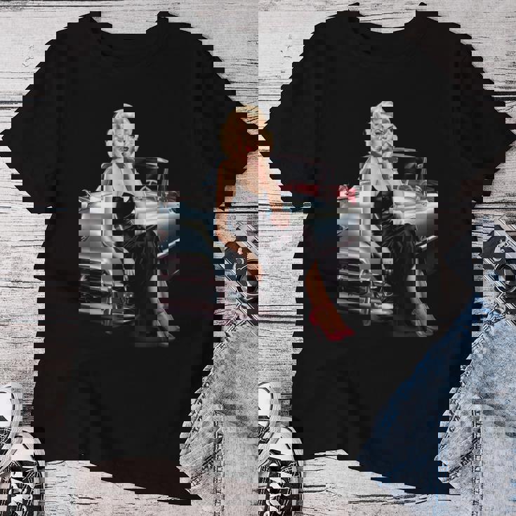 Pinup Girl ビンテージクラシックカー ホットロッド ロカビリー レディースTシャツ 面白い贈り物