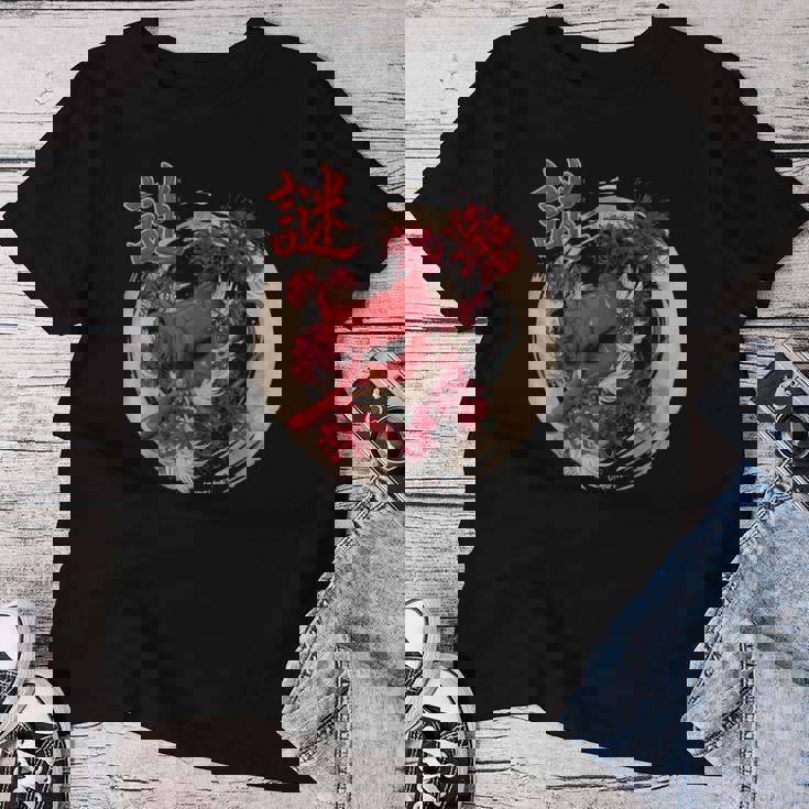 Redpider Lily の 彼岸花 または ヒガンバナ と 日本の天狗の面 の グラフィック レディースTシャツ 面白い贈り物