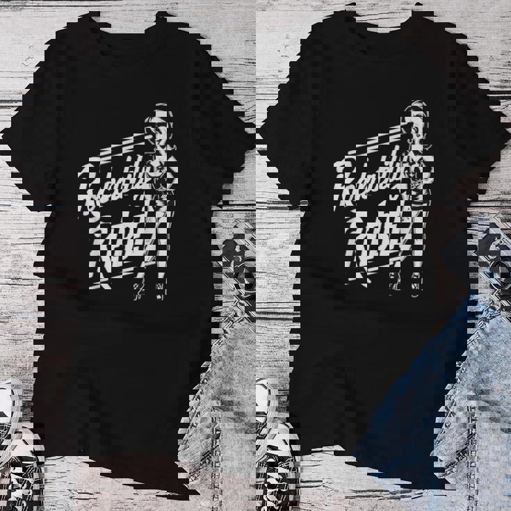 Rockabilly Rebel Pin-Up Girl In Dress Graphic レディースTシャツ 面白い贈り物