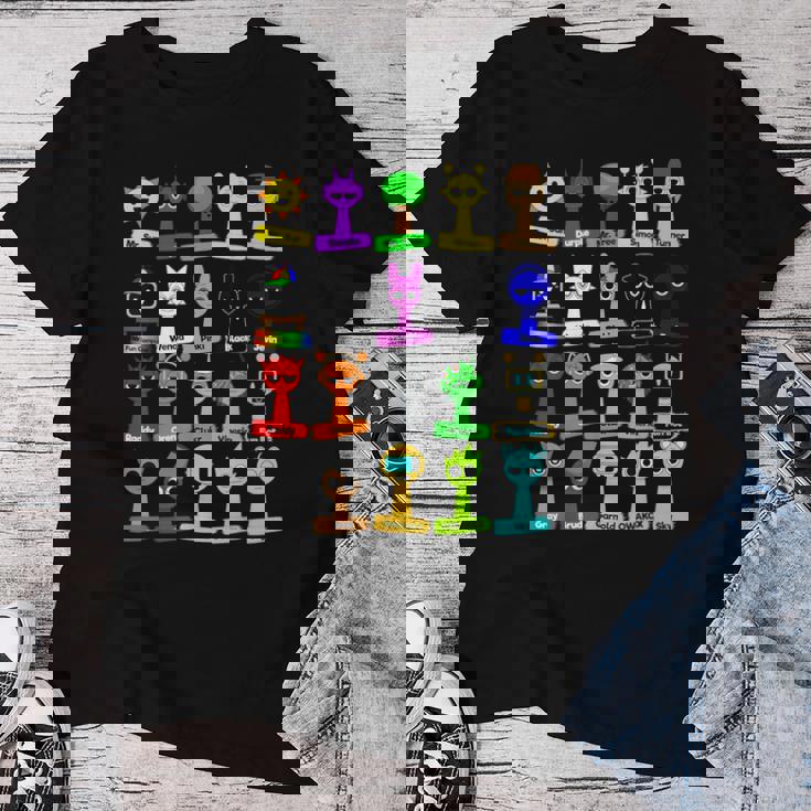 Sprunki All Here With Names For Boys And Girls Birthday レディースTシャツ 面白い贈り物