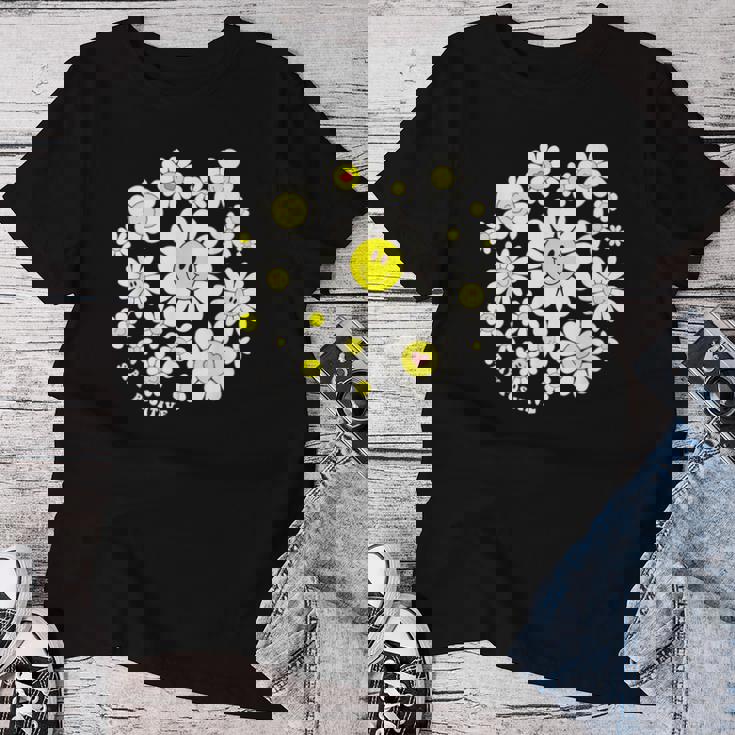 Stay Positive キュート スマイルフェイス 花 ハッピーフェイス 花 女の子 レディースTシャツ 面白い贈り物