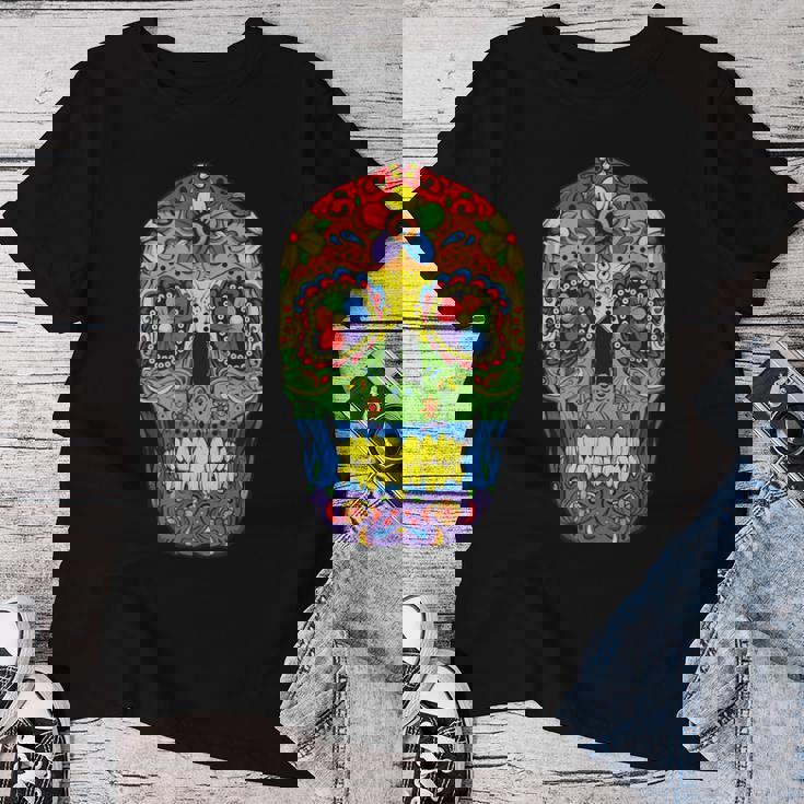 Sugarkull Lgbt Gay Pride Rainbow Flag Day Of The Dead レディースTシャツ 面白い贈り物