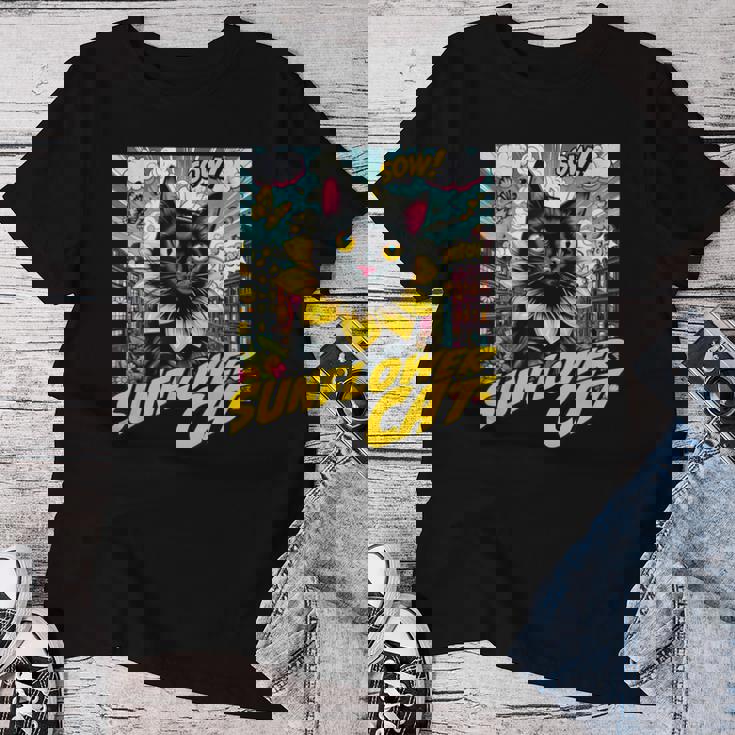 Sunflower Cat 黒猫 ひまわり 向日葵 アメコミ ネタアイテム レディースTシャツ 面白い贈り物