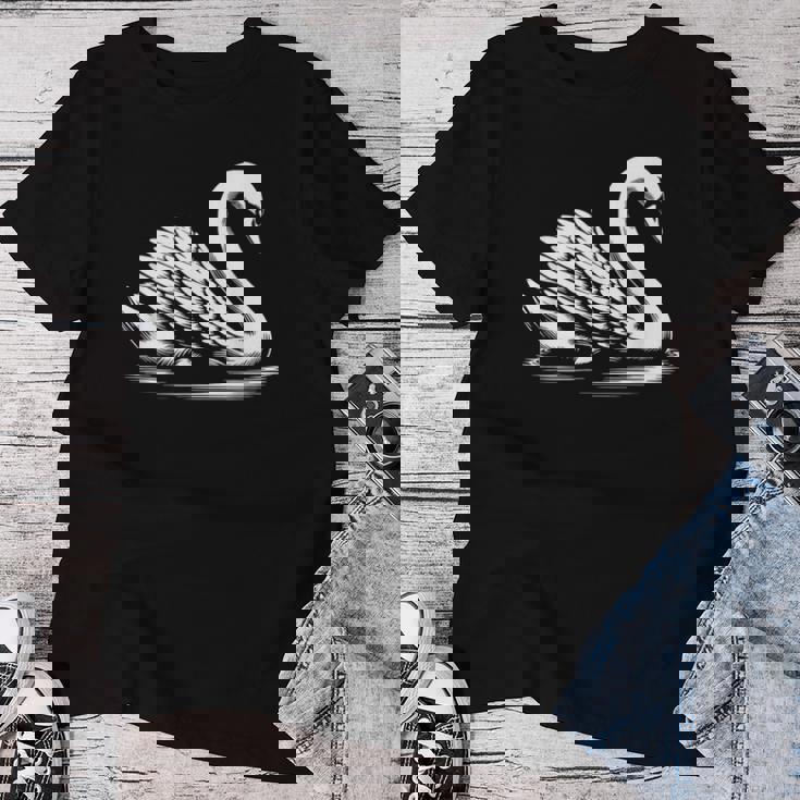 Swan Dad Mom Lover モノクロ 白鳥 レディースTシャツ 面白い贈り物