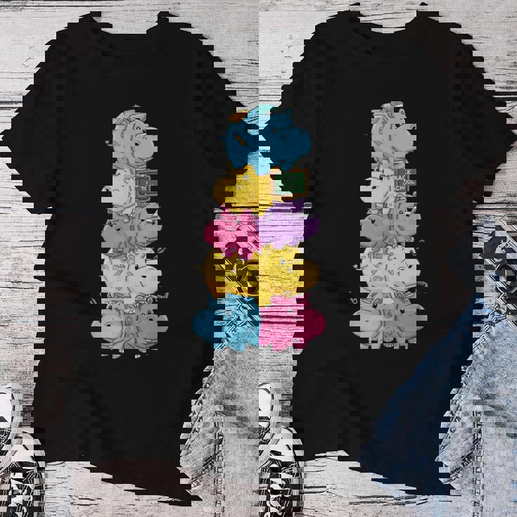 おもしろカバ カラフル レインボー 新学期 キッズ 男の子 女の子 レディースTシャツ 面白い贈り物