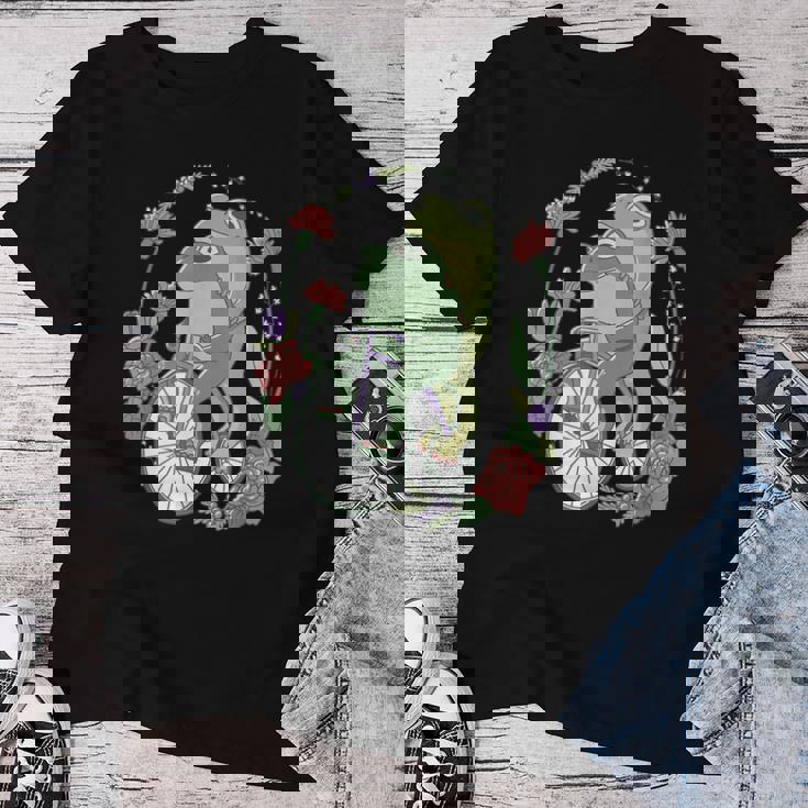 かわいい カエル 自転車 花 カワイイ 美的 気まぐれなロマンチック レディースTシャツ 面白い贈り物