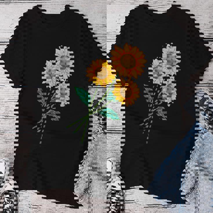 ひまわりの花束 春のフローラルガーデン 黄色の花 レディースTシャツ 面白い贈り物
