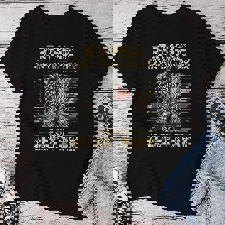 メンズ アメリカ国旗デザイン Myon Has Your Back Proud Army Mom レディースTシャツ 面白い贈り物