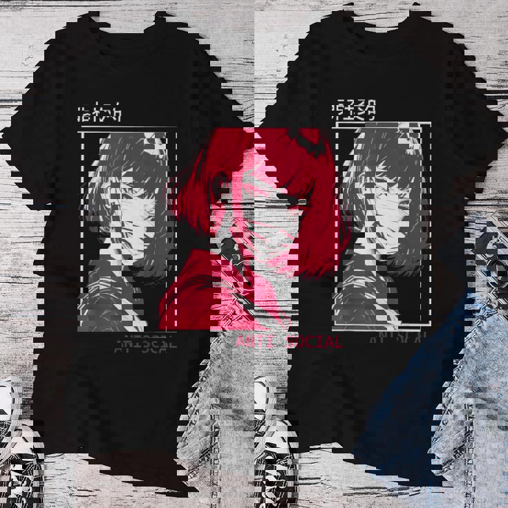 アンチソーシャル アニメ 女の子 マスク付き 漢字テキストaporwave レディースTシャツ 面白い贈り物