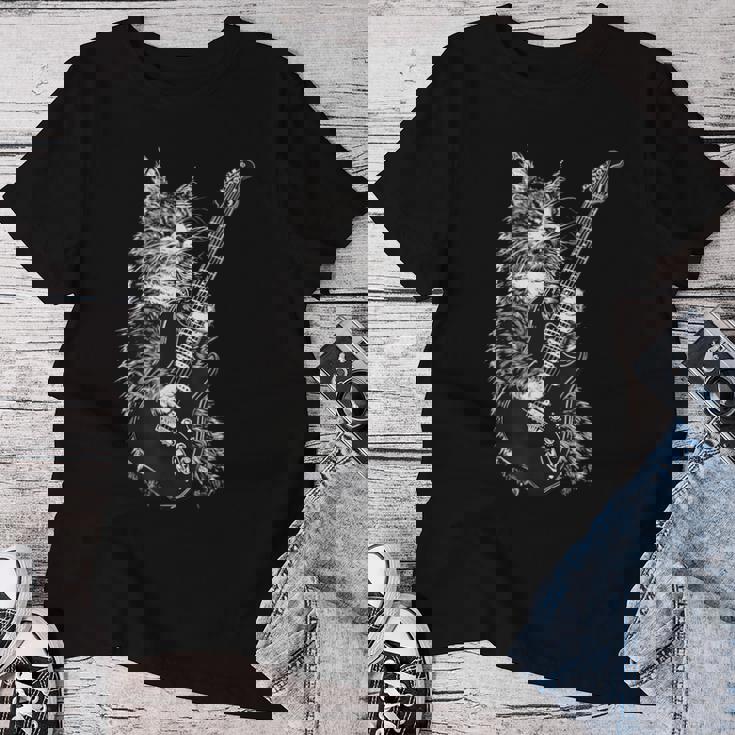 エレキギターを弾くロックキャット デザイン 男性 女性 レディースTシャツ 面白い贈り物