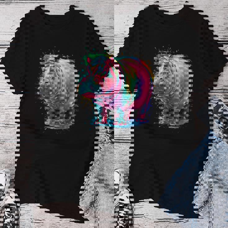 カバ 男性 女性 カラフル 水彩 カバ レディースTシャツ 面白い贈り物