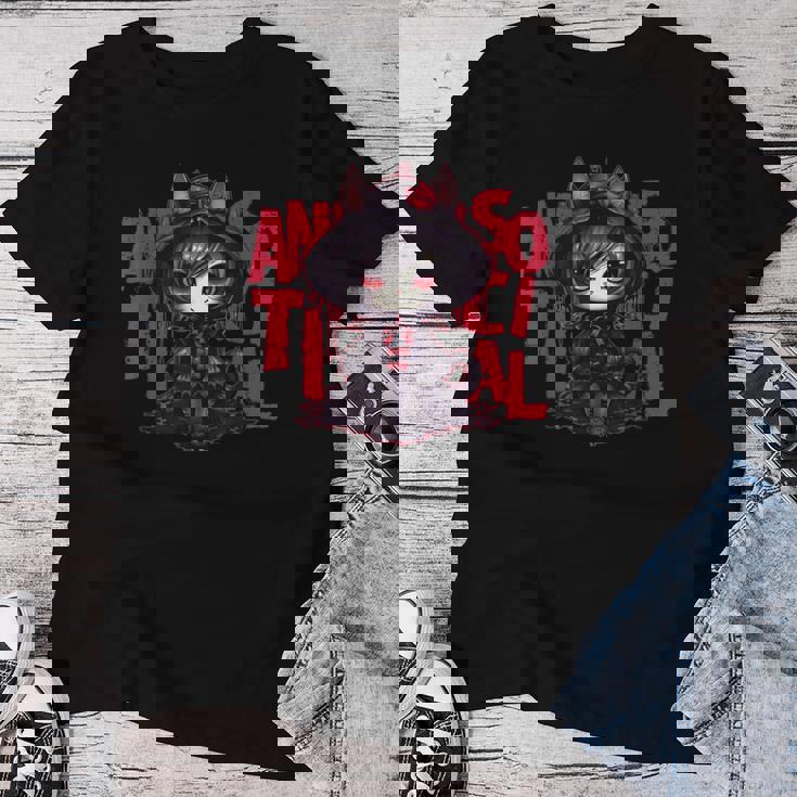 カワイイ アニメ ゴシック 猫 女の子 ちび 反社会的 メンヘラ グランジ レディースTシャツ 面白い贈り物