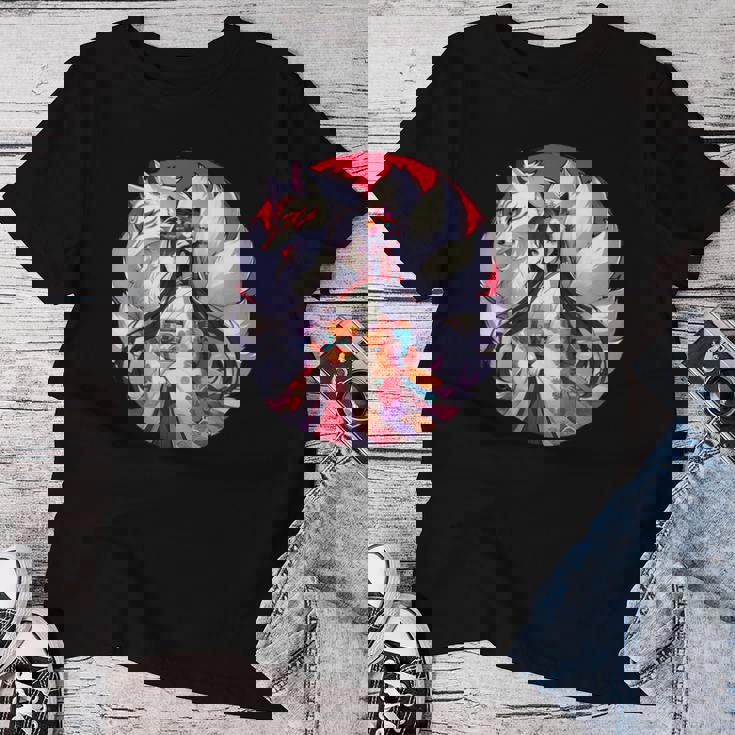 キツネ 九尾狐と日本アニメ 女の子 レディースTシャツ 面白い贈り物