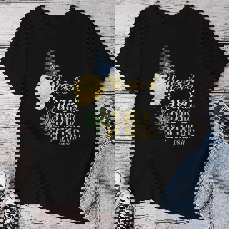 キリスト教聖書の言葉 蝶 バラの花 ヨハネ3 レディースTシャツ 面白い贈り物