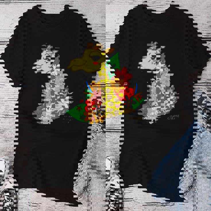 キリン 花 Giraffes Flower レディースTシャツ 面白い贈り物