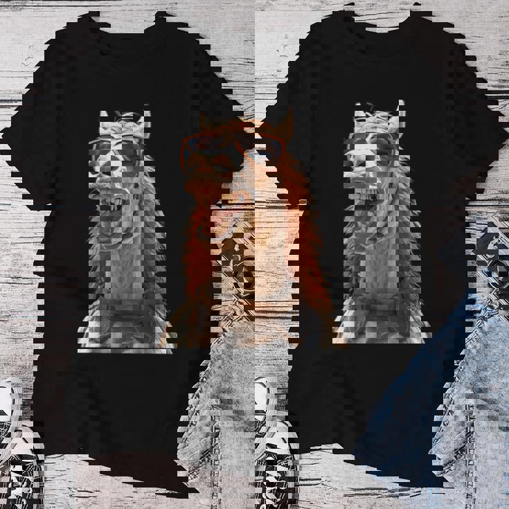 サングラスをかけた馬 馬の女の子 ライダー 甘い馬 レディースTシャツ 面白い贈り物