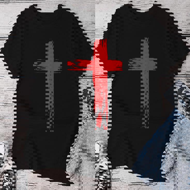 タトゥーレッドクロスオーダー I Christian I Brushtroke I Cross レディースTシャツ 面白い贈り物