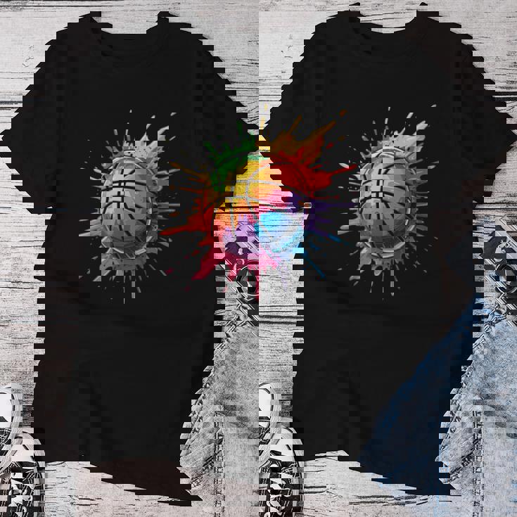 バスケットボール スポーツ ペイント スプラッシュアート カラフル 男の子 女の子 キッズ レディースTシャツ 面白い贈り物