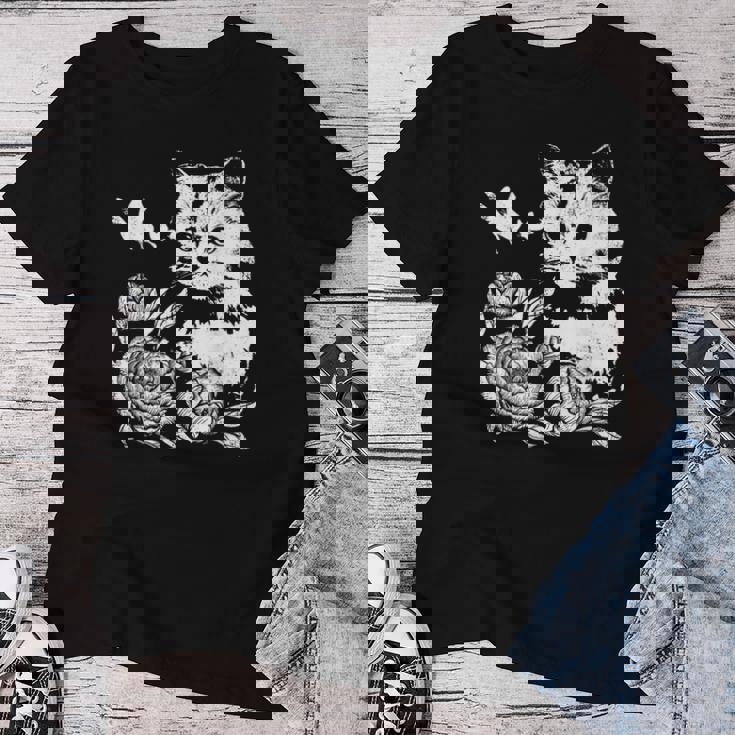 バラと蝶の猫、花柄 レディースTシャツ 面白い贈り物