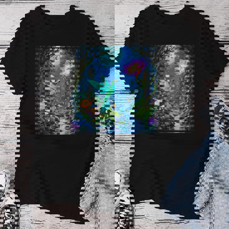 ファンタジー グリーン 鳥 花 レディースTシャツ 面白い贈り物