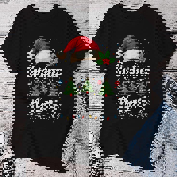 メリークリスマスライト 赤いサンタ帽子 クリスマス ファミリー 男性 女性 レディースTシャツ 面白い贈り物
