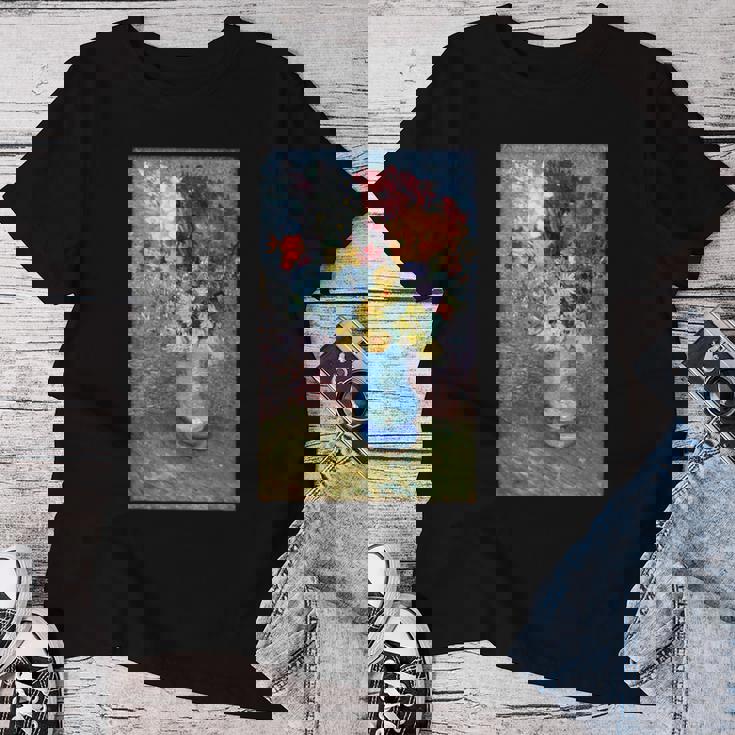 ヴィンセント・ヴァン・ゴッホの花 青い花瓶のヴィンテージ 美術品 レディースTシャツ 面白い贈り物