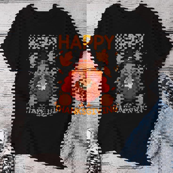 七面鳥の日ファミリーディナーとハッピー感謝祭の男性女性。 レディースTシャツ 面白い贈り物