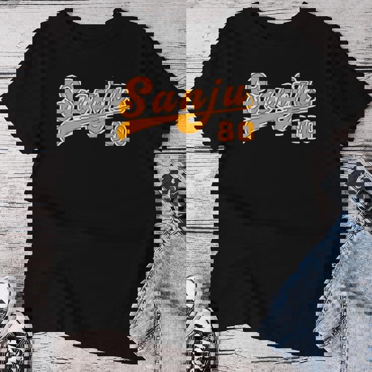 傘寿祝い 野球 野球好き 野球ユニフォーム風anju 文字 父 母 男性 女性 おもしろ 80歳 誕生日 レディースTシャツ 面白い贈り物