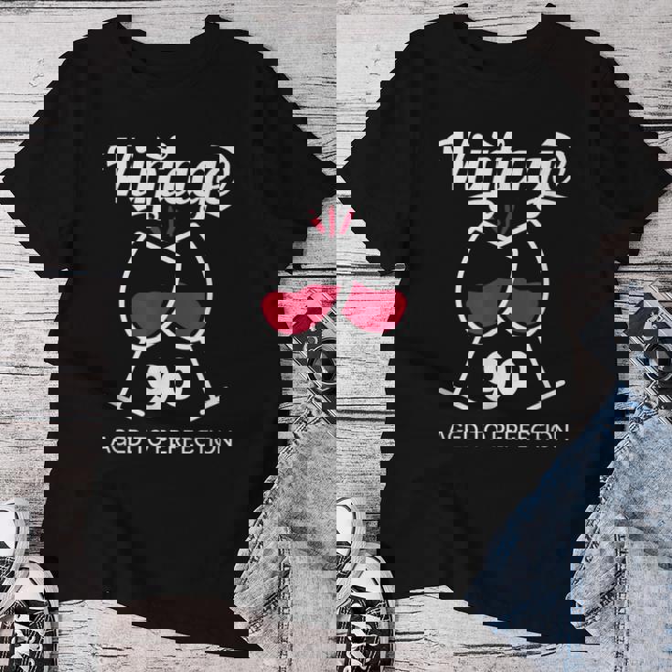 卒寿祝い ワイン好き 酒好き 父 母 男性 女性 90歳お祝いintage Aged To Perfection レディースTシャツ 面白い贈り物