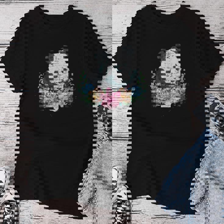 天然花 パンダ アジア動物園 動物 パンダ レディースTシャツ 面白い贈り物