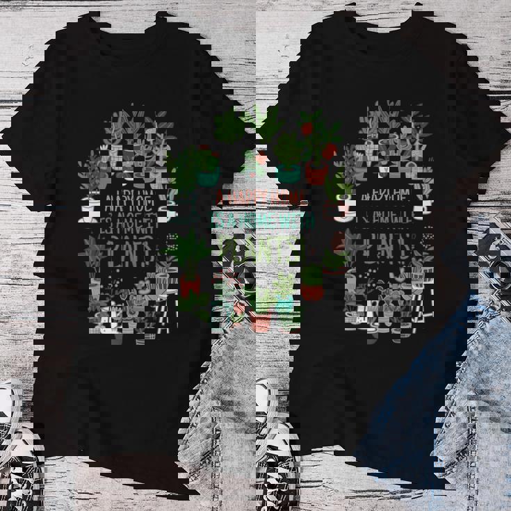 幸せな家は植物のある家です「A Happy Home Is A Home With Plants」- 観葉植物の園芸 レディースTシャツ 面白い贈り物