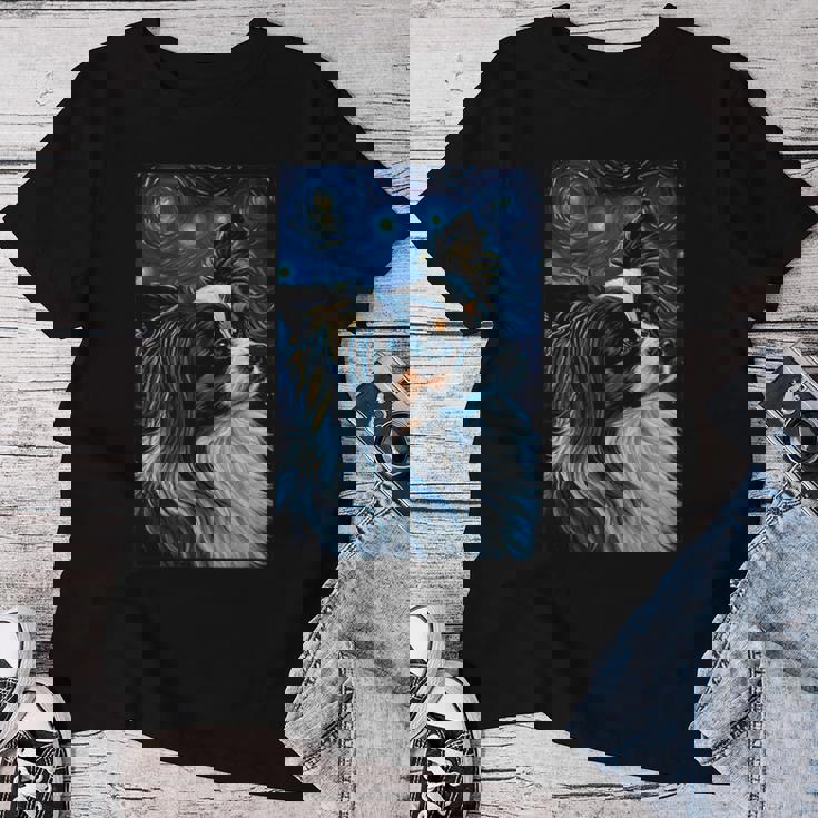 星月夜のパピヨン 絵画 犬 お母さん お父さん レディースTシャツ 面白い贈り物