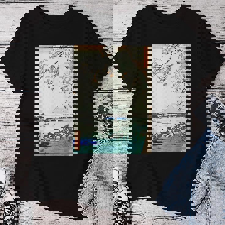 桜の花 ジャパニーズ・ヴィンテージ・アート 歌川 広重 隅田川水神の森真崎 名所江戸百景 レディースTシャツ 面白い贈り物