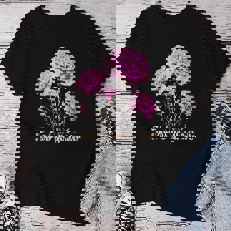 母の日 カーネーション 花 きれい ありがとう お母さん レディースTシャツ 面白い贈り物