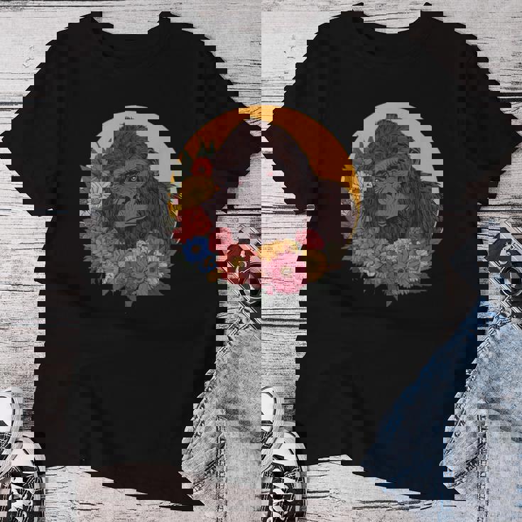 花のイラストとゴリラ レディースTシャツ 面白い贈り物