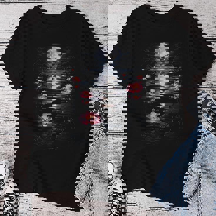 蓮の花 日本の月 反射 自然 恋人 デザイン レディースTシャツ 面白い贈り物