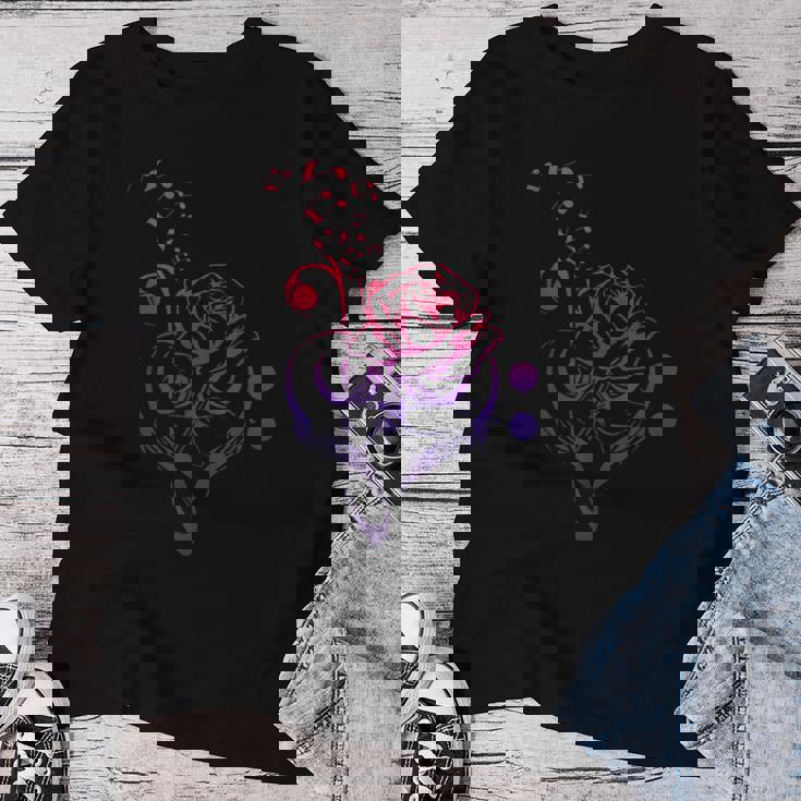 薔薇の花 ピアノ ミュージシャン 音符 ラブミュージ レディースTシャツ 面白い贈り物