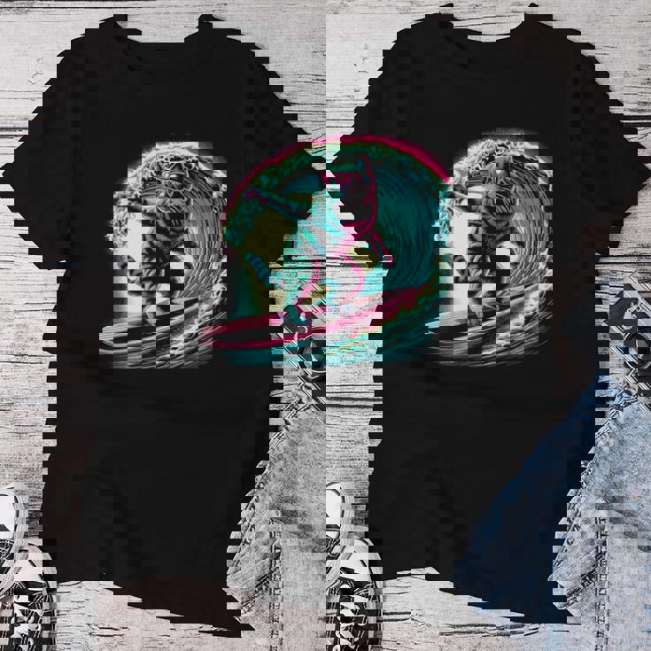 面白い猫 サーフィン ギフト 男性 女性 子供 面白い 猫 サーファー レディースTシャツ 面白い贈り物