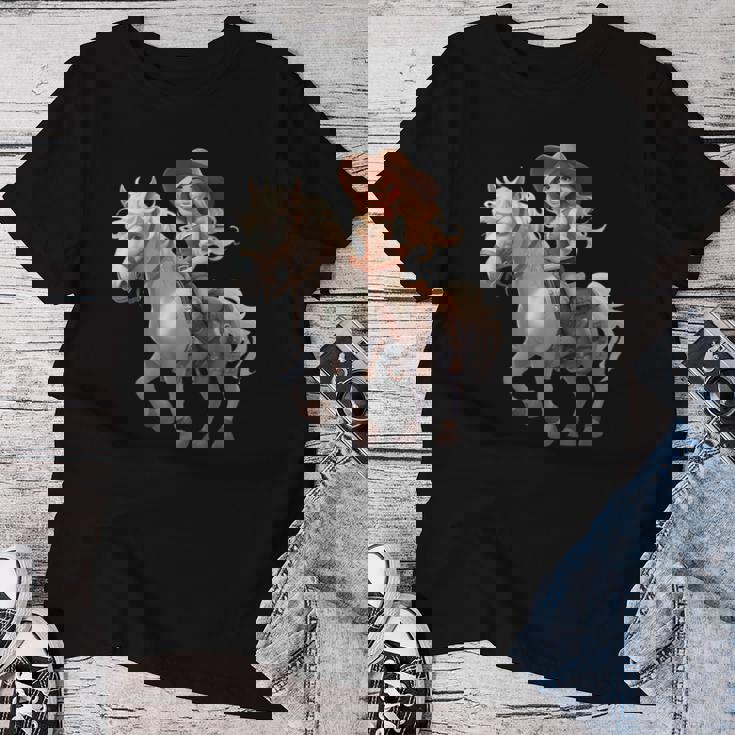 馬 女の子 西洋 乗馬 ポニー 水彩 馬 レディースTシャツ 面白い贈り物