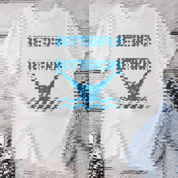 Butterfly Butterwhyバタフライバタフライファニー水泳チーム 長袖tシャツ レディースTシャツ 面白い贈り物