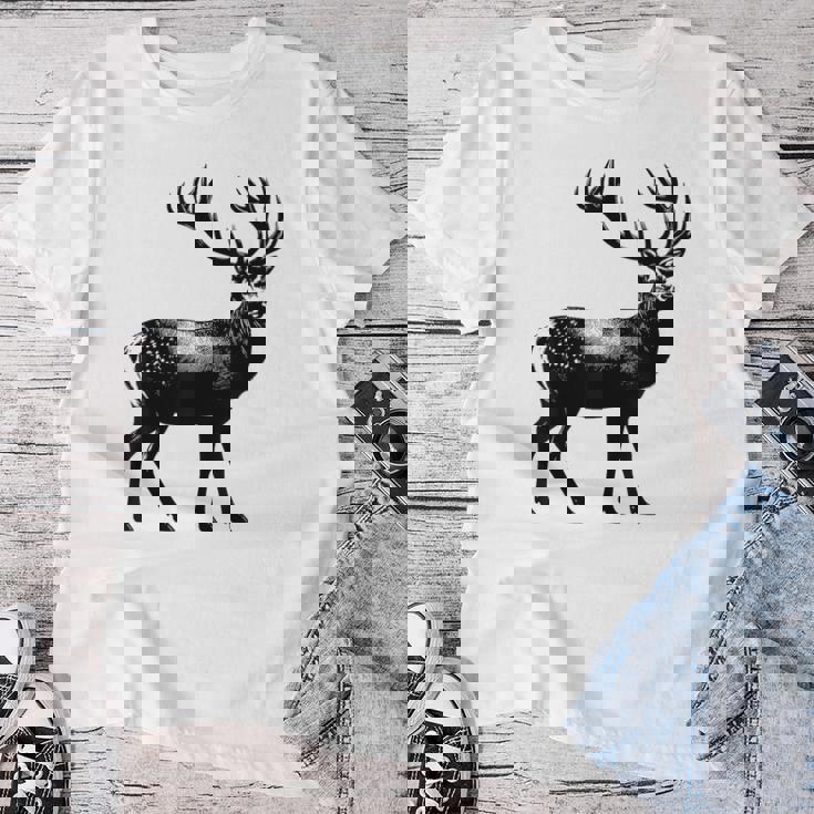 Deer Dad Mom Lover モノクロ 鹿 レディースTシャツ 面白い贈り物