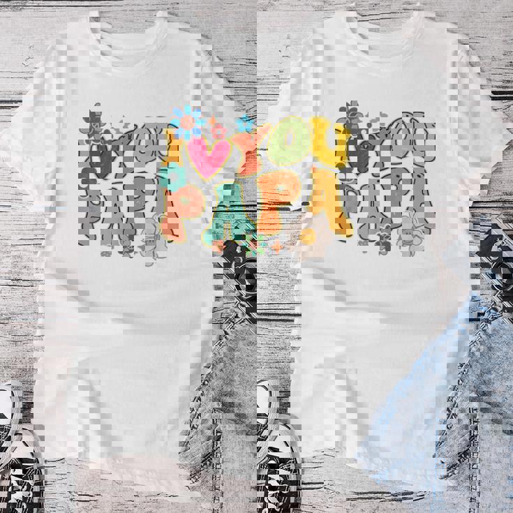 Groovy 父の日 I Love You Papa フラワー ヒッピー レディースTシャツ 面白い贈り物