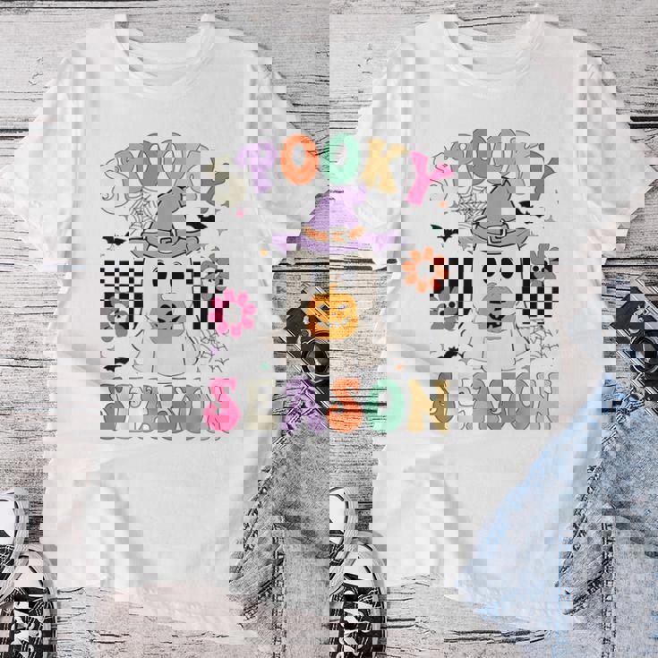 Groovypookyeason レトロ ゴースト 持株 パンプキン ハロウィン レディースTシャツ 面白い贈り物