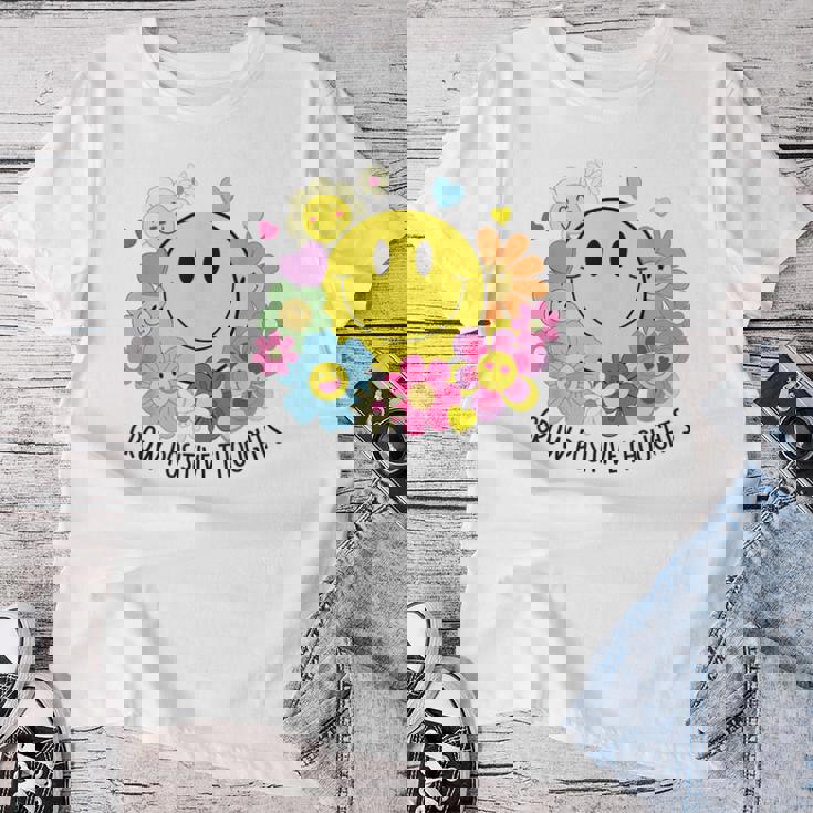 Grow Positive Thoughts イエロー スマイルフェイス 花 キッズ 女の子 レディースTシャツ 面白い贈り物