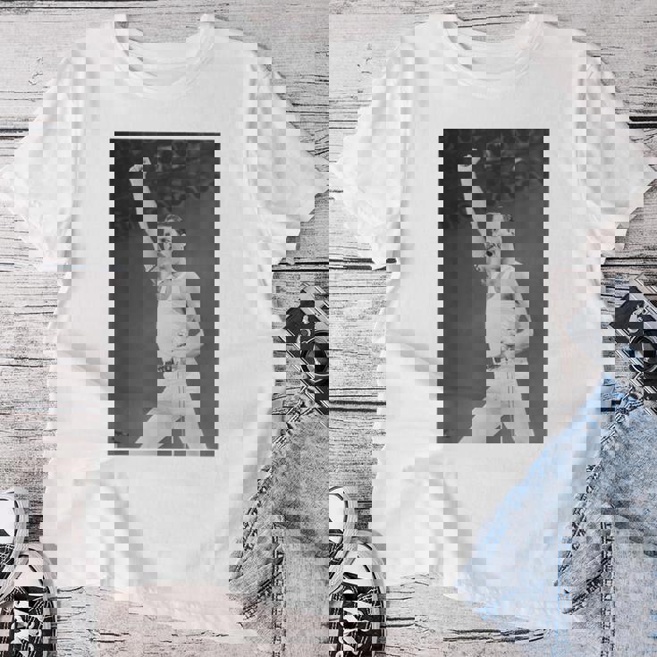 Queen Live Aid フレディ・マーキュリー・ウェンブリー・スタジアム 1985 レディースTシャツ 面白い贈り物