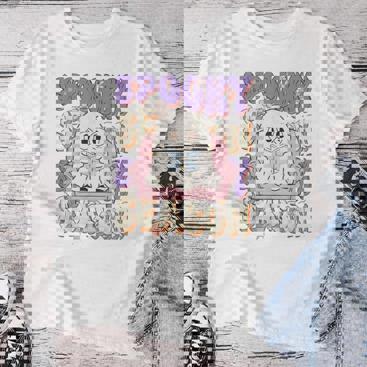 おもしろい言葉 不気味な季節 ハロウィン 幽霊 先生 女性 男性 レディースTシャツ 面白い贈り物